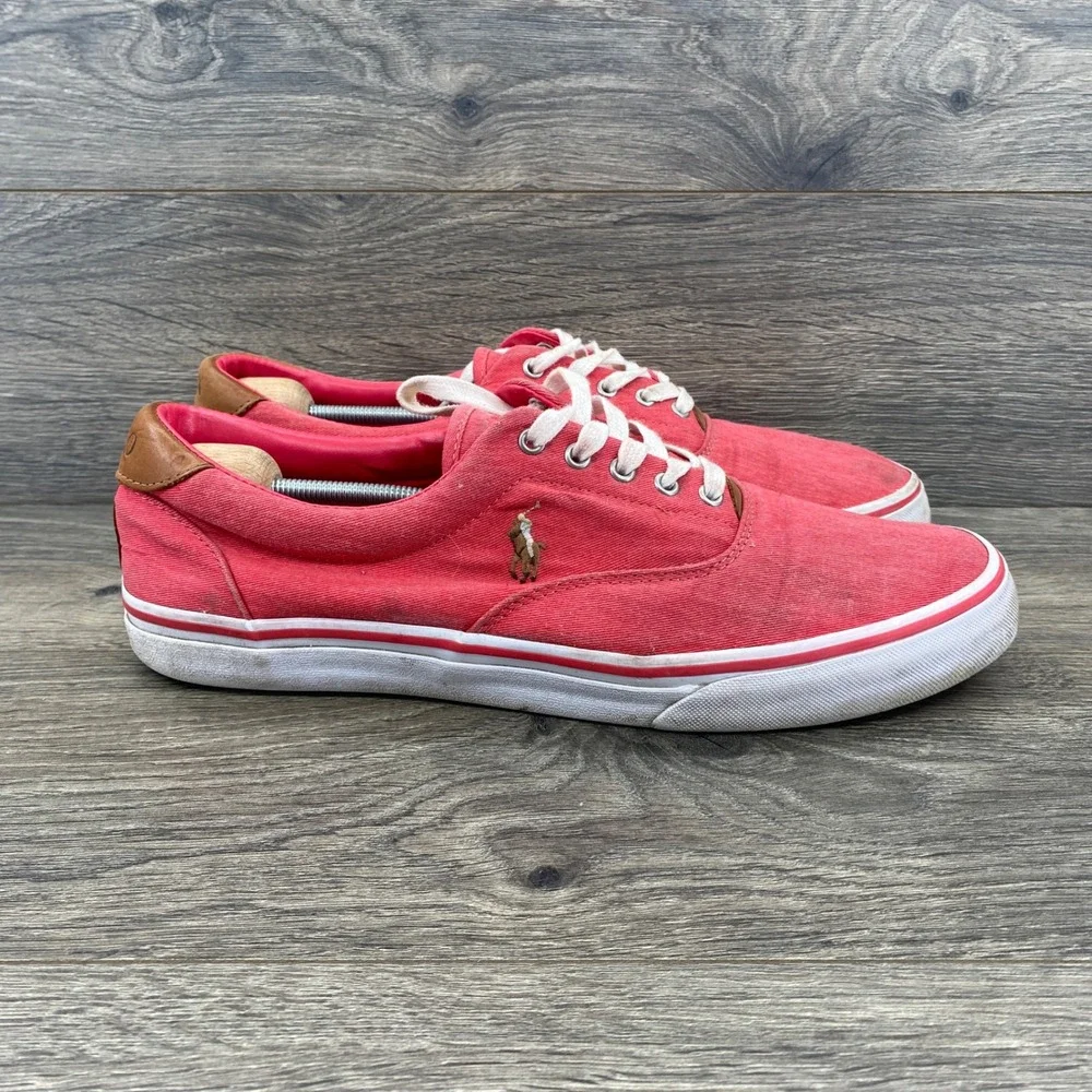 Polo Ralph Lauren Thorton Sneaker Mens 12D Red Washed Twill Leather Low Top J18